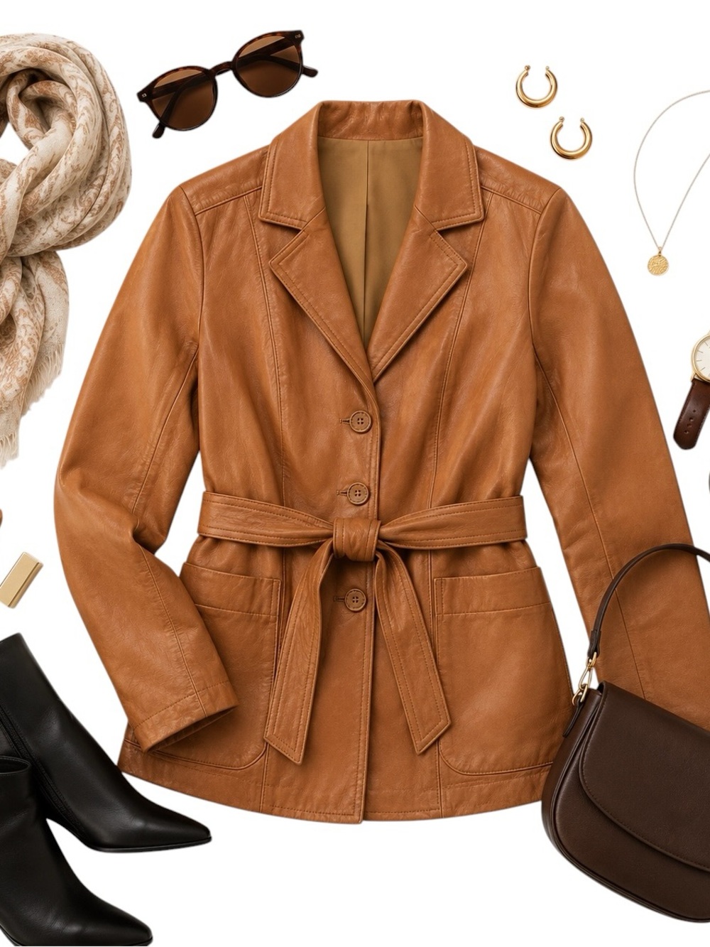 Skin Gear Buttery Soft Brown Leather Belted Jacket Genuine Leather Vintage Chic